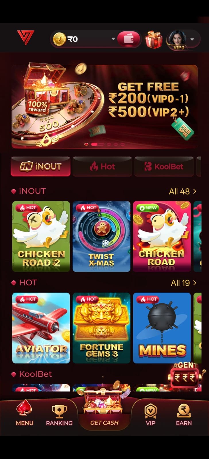 IV7 APK gaming app dashboard showing game categories, wallet balance, bonus offers, referral options, and quick navigation menus on an Android device.